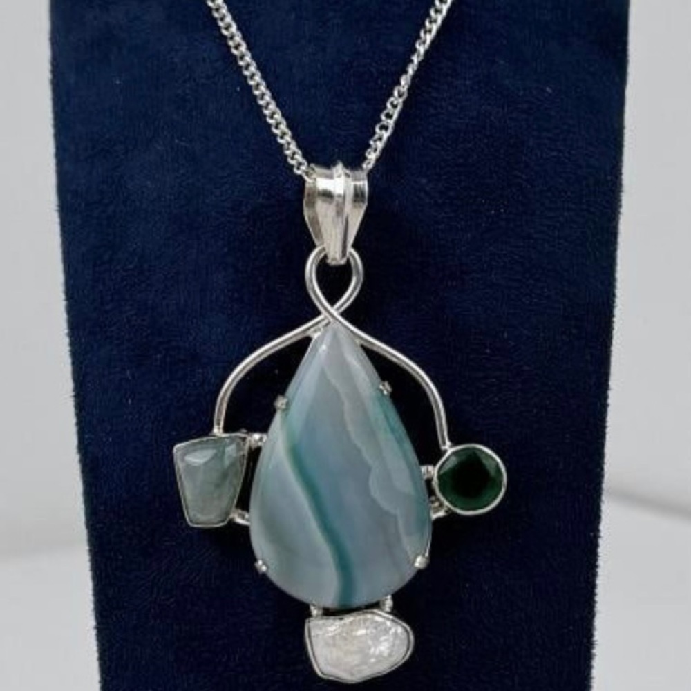 Sterling Silver Gemstone Pendant Necklace Lace Agate MOP Statement Artisan 16”‎